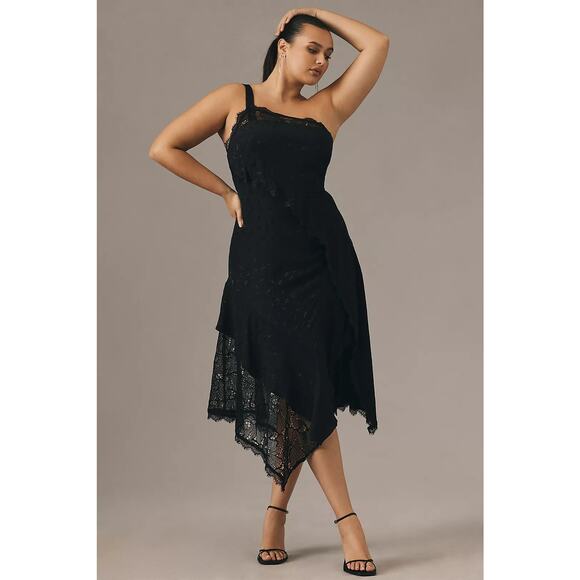 NWT Anthropologie Asymmetrical Lace Maxi Dress $198 SIZE 14P Black ONE SHOULDER - Picture 4 of 5